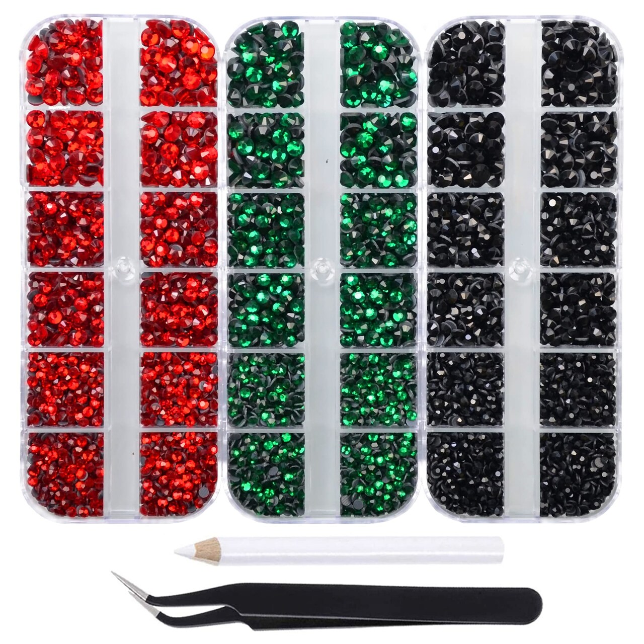 4500pcs+ Flatback Glass Hotfix Iron On Rhinestones Crystal for DIY Making with 1 Tweezer & 1 Picking Pen for Shoe, Cloth, Face Art, Bag, Manicure (3-Sizes,3-Colors, X'Mas Color Series)